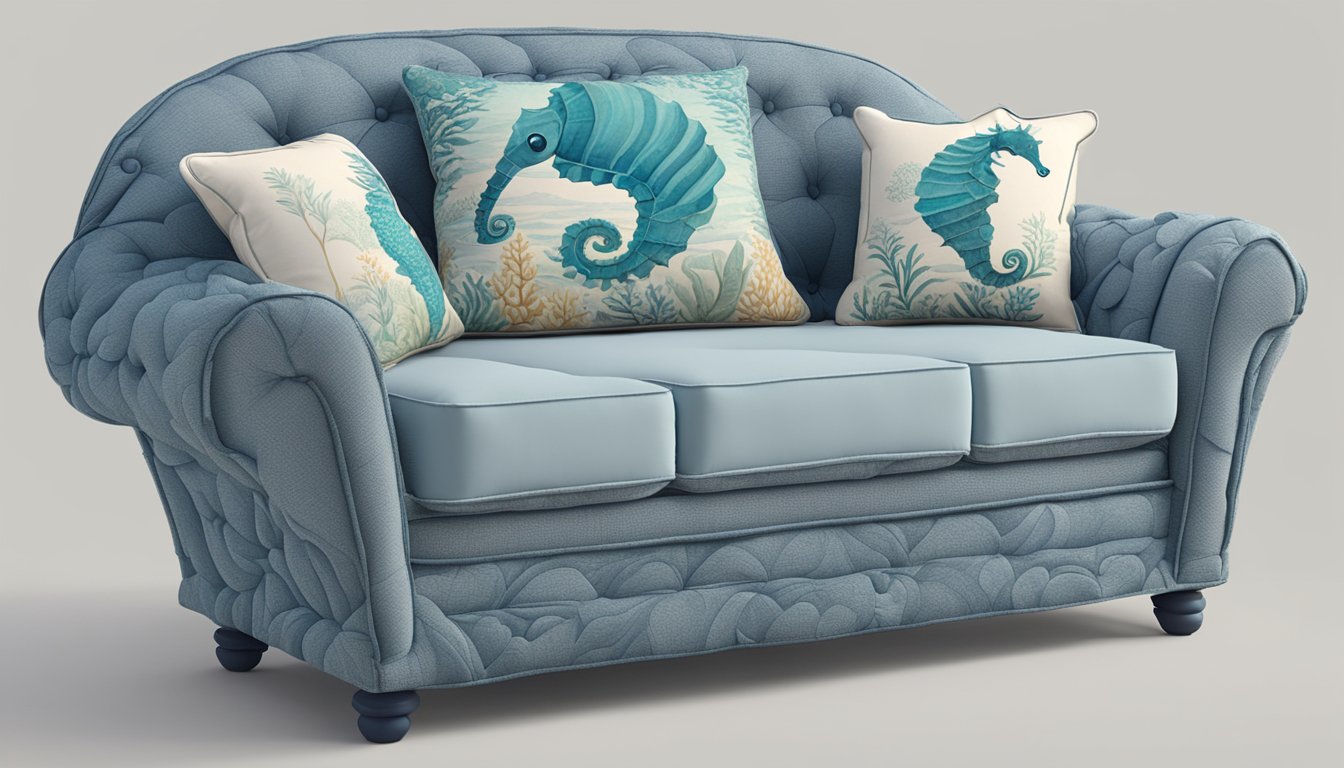 A seahorse-shaped sofa bed sits in a cozy living room, adorned with ocean-themed pillows and surrounded by nautical decor