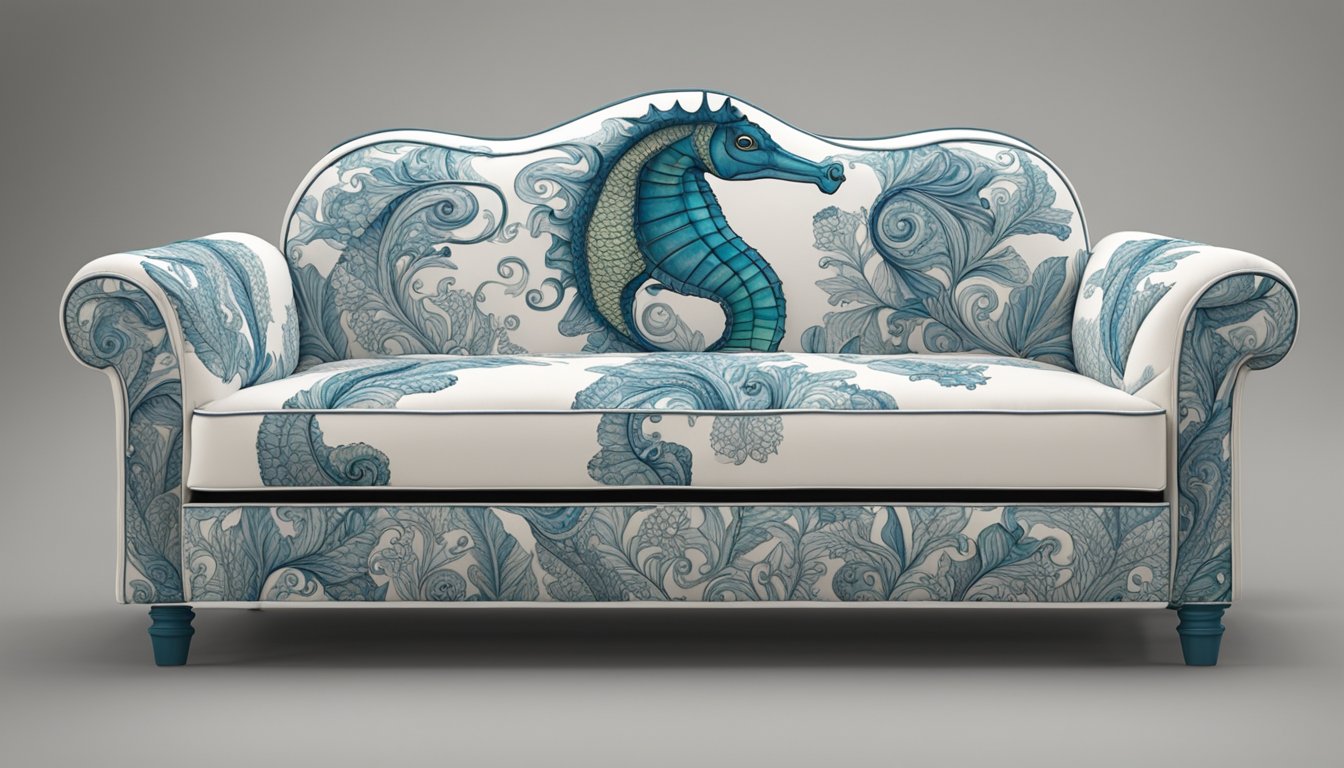 A seahorse sofa bed is being unveiled, surrounded by excited onlookers. The sofa bed features intricate seahorse designs and transforms seamlessly from a sofa to a bed