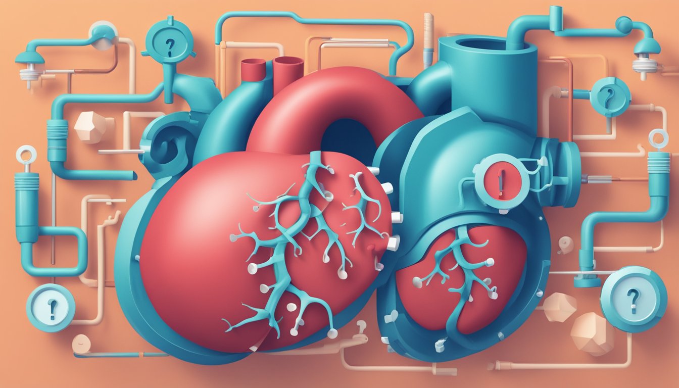 A heart valve surrounded by question marks, representing FAQs