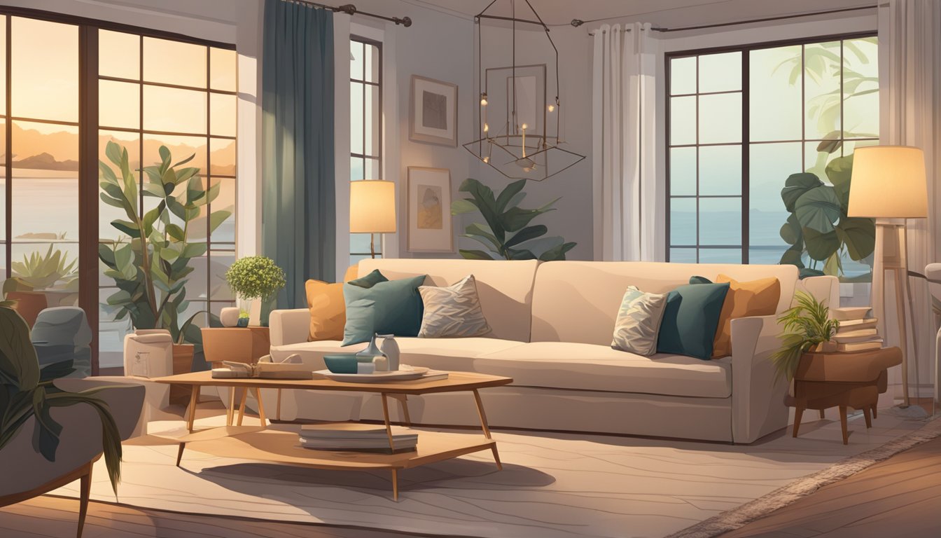 A cozy living room with a sleek seahorse sofa bed as the focal point, surrounded by warm lighting and soft, inviting decor