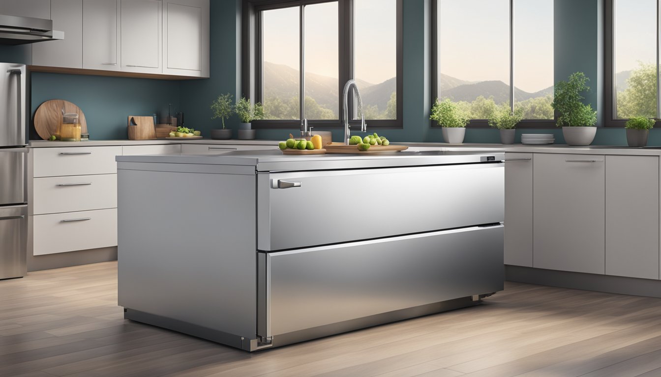 A chest freezer in a clean, modern kitchen with stainless steel appliances and bright lighting