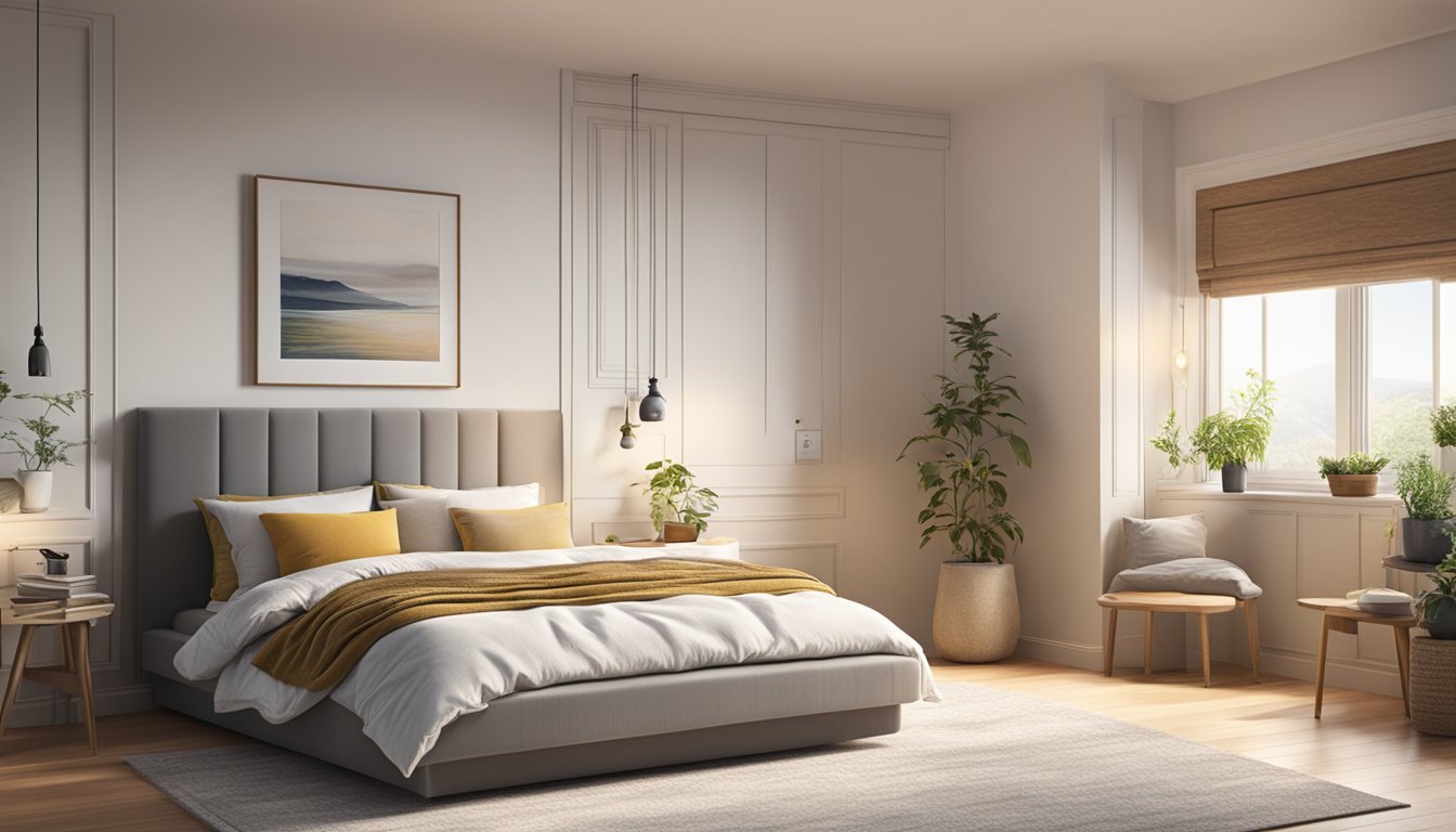 A cozy bedroom with a Dunlopillo mattress as the focal point, surrounded by soft pillows and a warm, inviting atmosphere