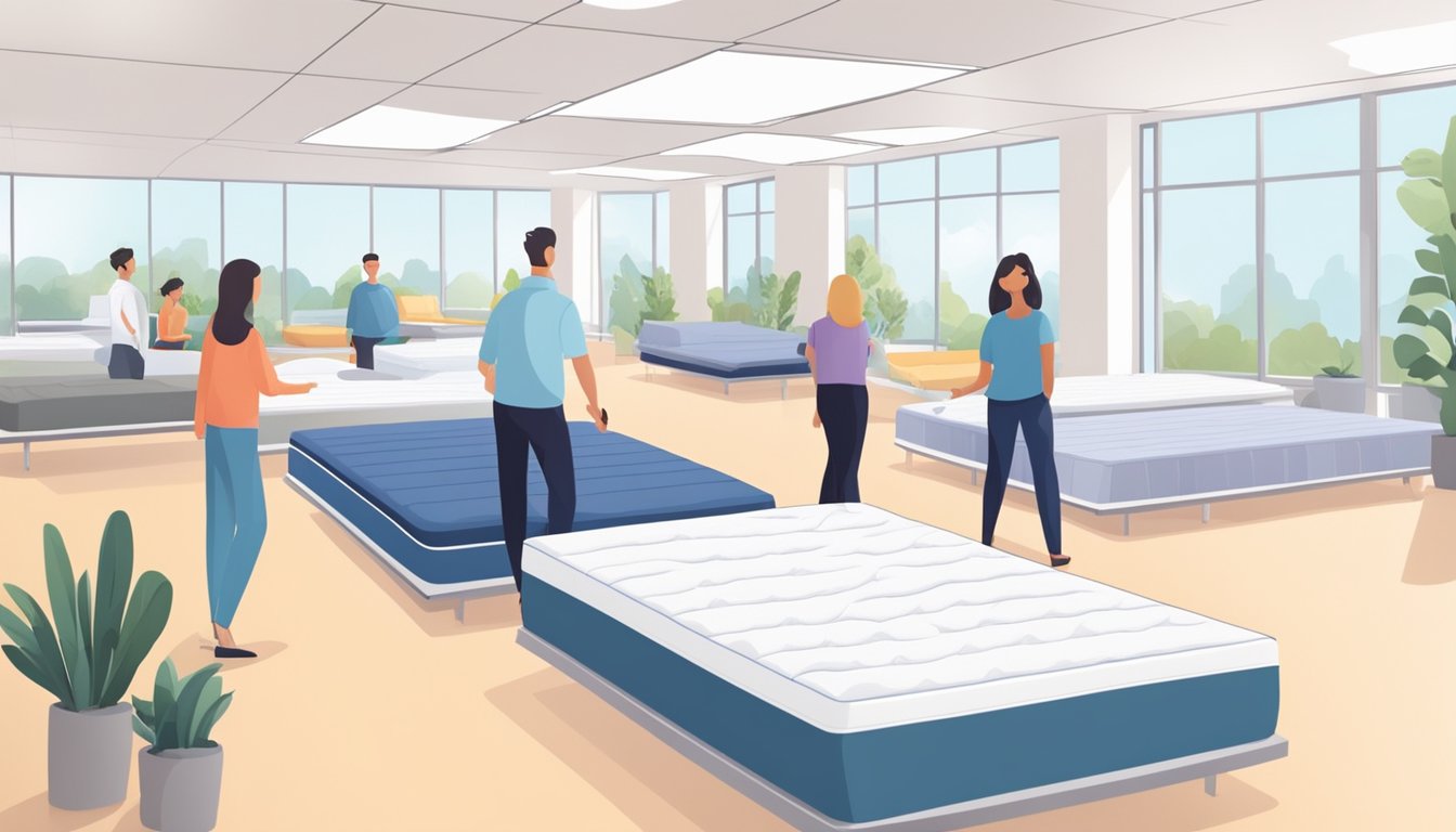 Customers try out various mattresses in a bright, spacious showroom. A salesperson assists a couple in finding their perfect mattress