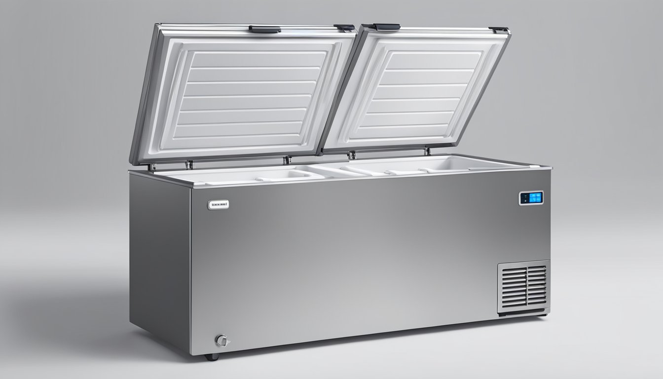 A spacious chest freezer stands open, filled with neatly organized frozen goods. The exterior is sleek and modern, with a digital display and sturdy handles