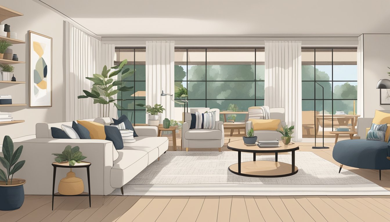 A serene, clutter-free living space with simple furniture, clean lines, and a neutral color palette