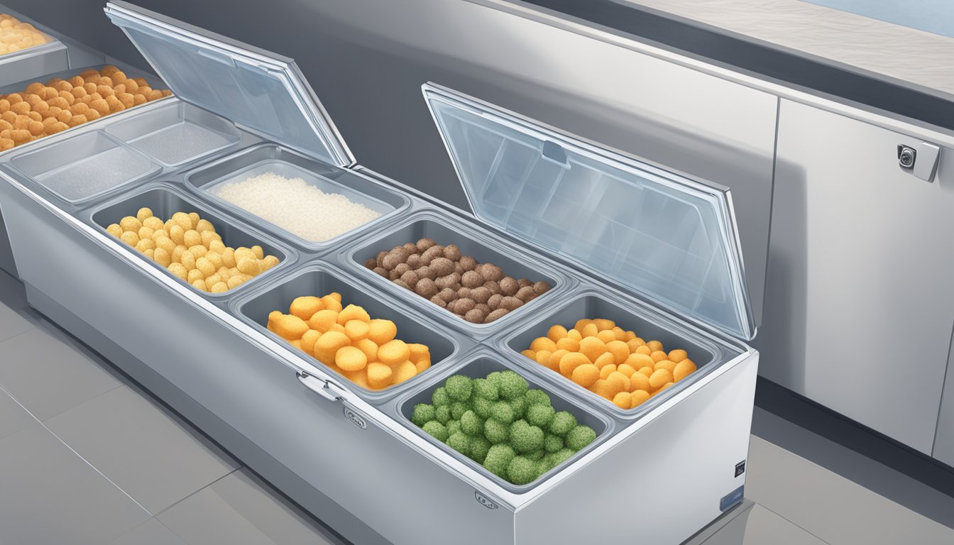 A chest freezer sits in a clean, organized space with labeled bins of frozen food. The lid is closed and the exterior is free of dents or scratches