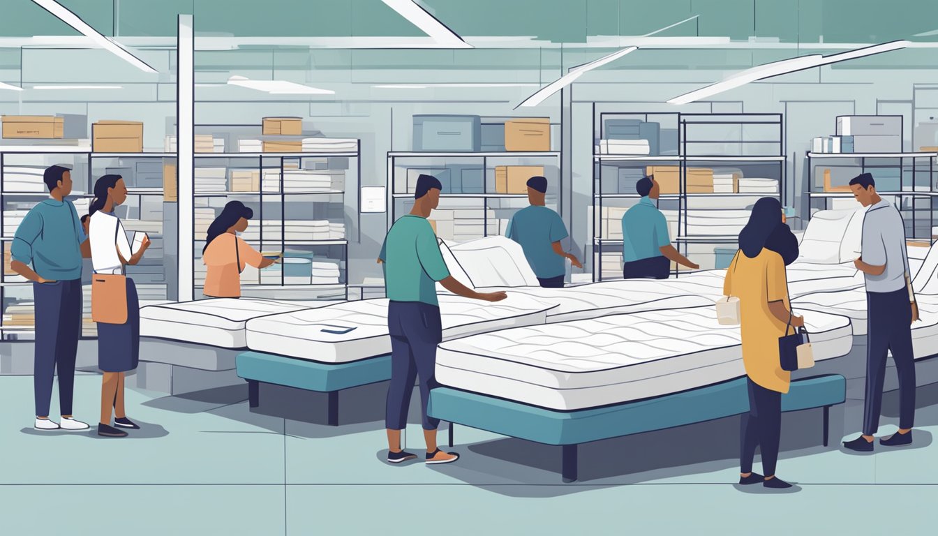 Customers browsing mattresses, trying them out, and making purchases with ease. Staff assisting with product inquiries and providing a seamless shopping experience