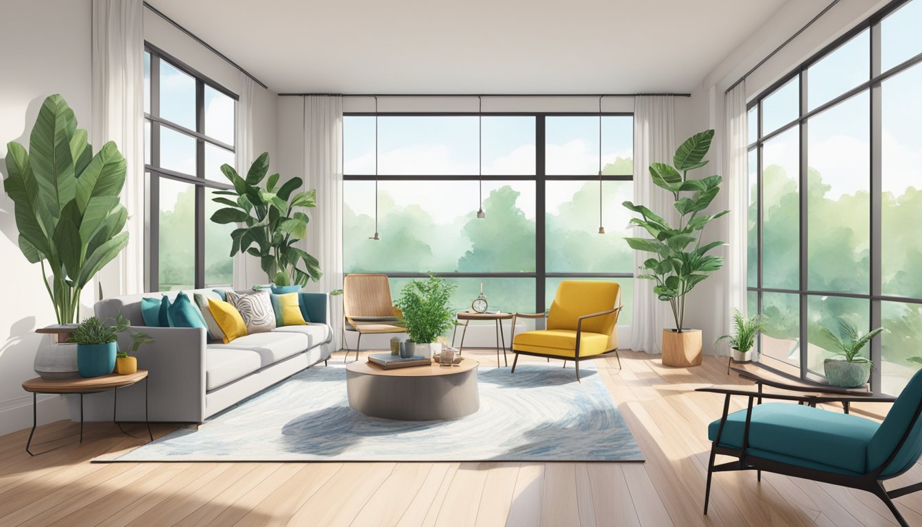 A bright, airy living room with modern furniture and pops of color. Large windows let in natural light, while plants add a touch of greenery