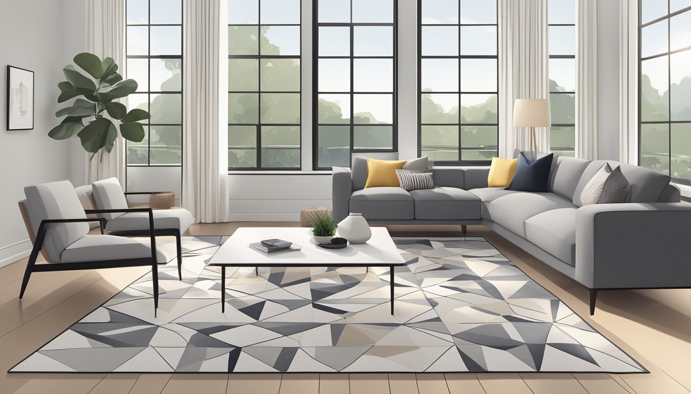 A modern living room with a sleek gray sofa, geometric patterned rug, and a minimalist coffee table. Large windows let in natural light, highlighting the clean lines and neutral color palette