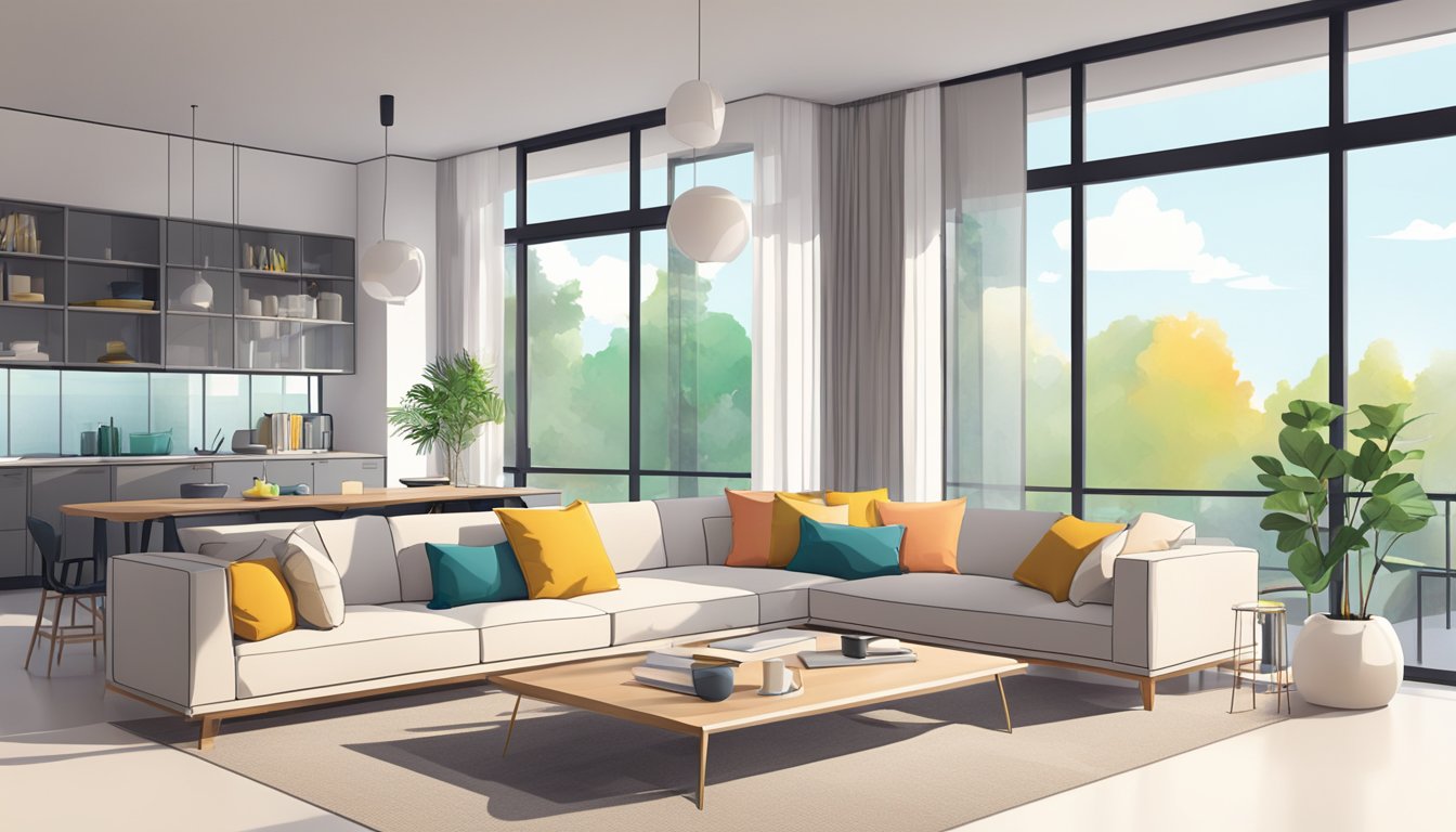 A bright, spacious room with modern furniture and large windows. Clean lines and pops of color create a welcoming and stylish atmosphere