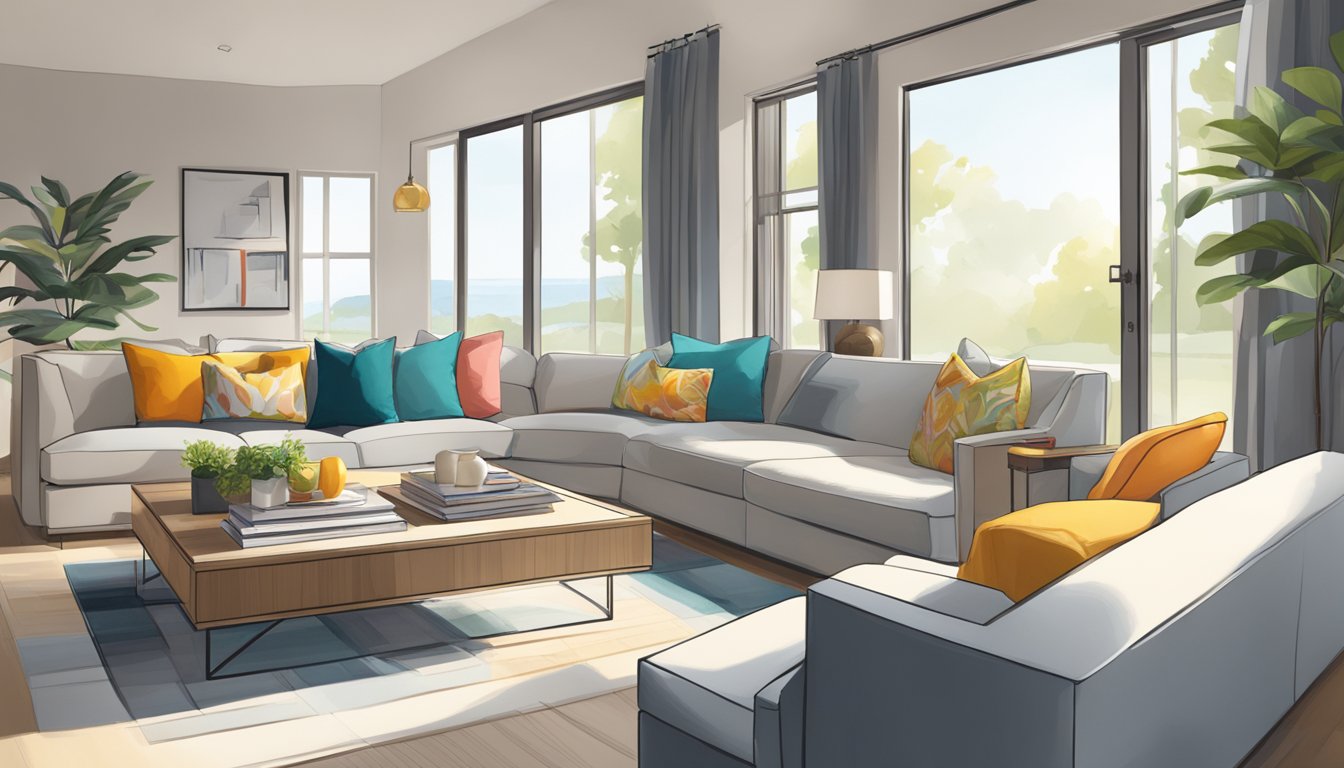 A bright, modern living room with sleek furniture, clean lines, and pops of color. A large window lets in natural light, showcasing the attention to detail in the design