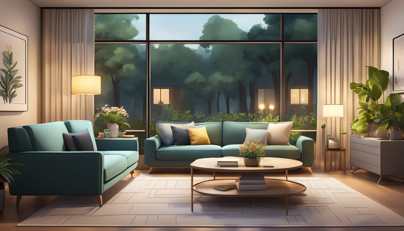 An elegant living room with modern furniture, warm lighting, and a cozy atmosphere. A large window provides a view of a lush garden, adding a touch of nature to the space