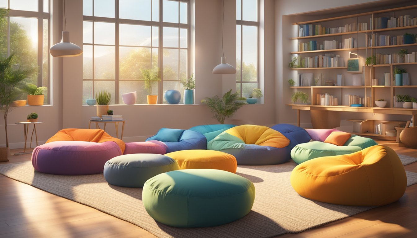 Bean bag chairs arranged in a circle, surrounded by colorful throw pillows. Sunlight streams through the window, casting soft shadows on the cozy seating area