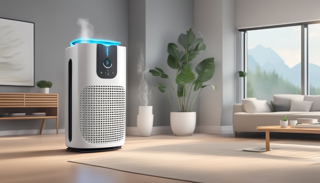 An air purifier and air humidifier stand side by side, each emitting their respective clean and moist air into the room