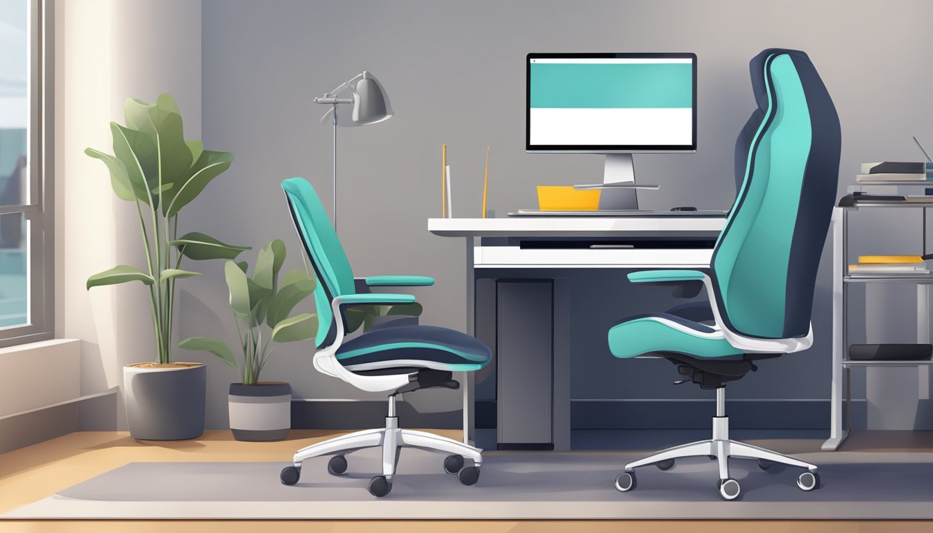 A computer chair sits empty in front of a desk, with a cushioned seat and adjustable armrests. The chair is on wheels and is positioned in front of a computer monitor