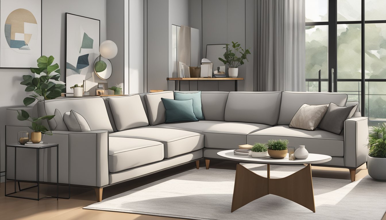 An L-shaped sofa in a modern Singaporean living room, with clean lines, neutral colors, and a cozy throw blanket