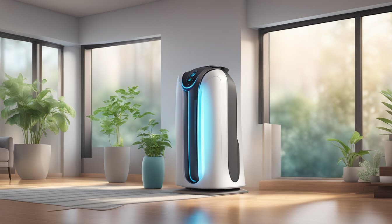 An air purifier and humidifier stand side by side, each emitting clean, fresh air and maintaining optimal humidity levels in a well-lit room