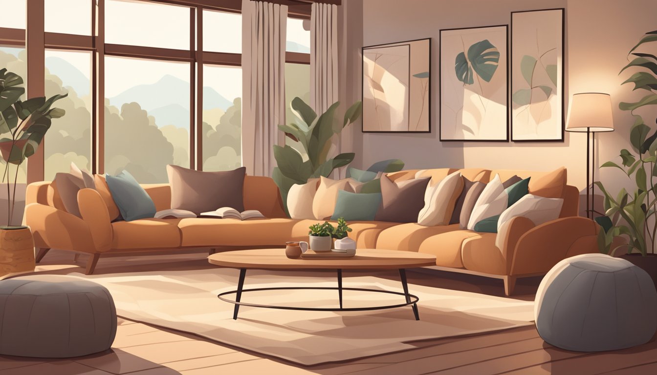 A cozy living room with a large, plush bean bag chair in the center. Soft lighting and a warm color palette create a welcoming atmosphere