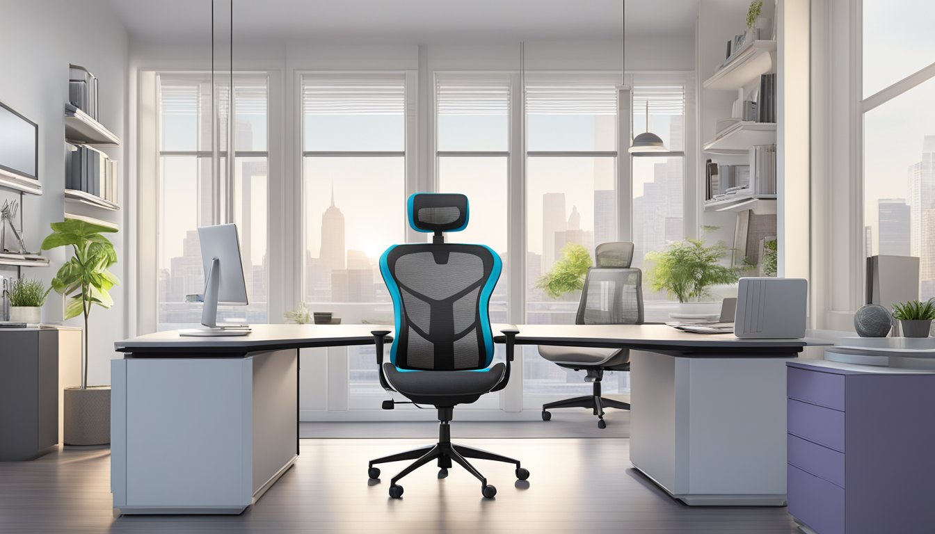 A sleek computer chair with adjustable armrests and lumbar support, featuring a breathable mesh back and a sturdy swivel base