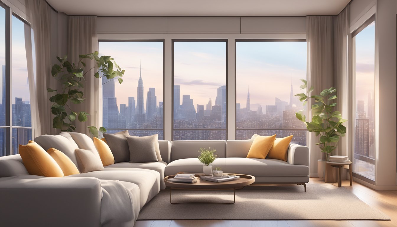 A cozy living room with a sleek L-shape sofa, adorned with plush pillows and a soft throw blanket, positioned in front of a large window overlooking a serene cityscape