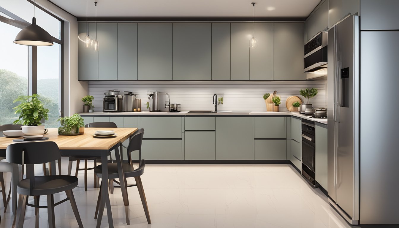 A modern HDB kitchen with sleek cabinets, granite countertops, and stainless steel appliances. Bright lighting and a minimalist color scheme create a clean and functional space