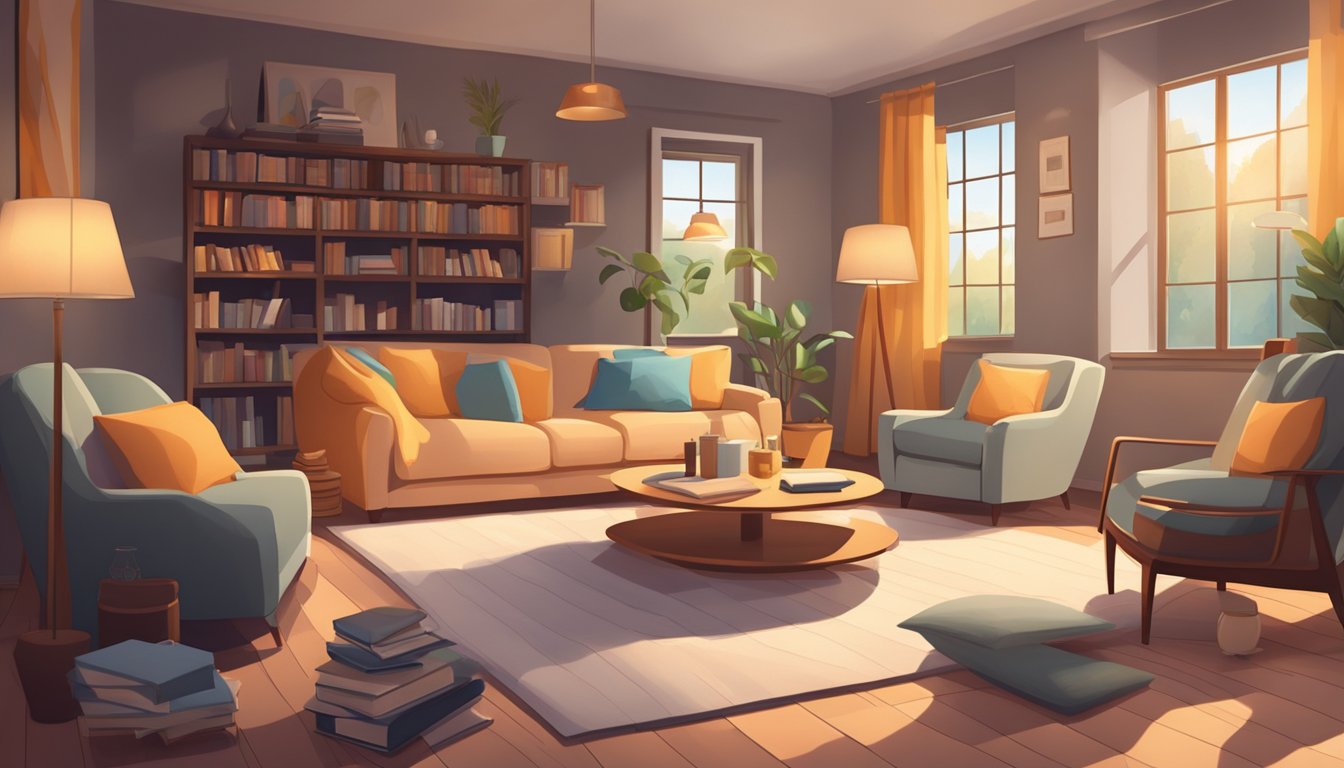 A cozy living room with bean bag chairs, scattered books, and a warm throw blanket. Lamps softly illuminate the space, creating a relaxing atmosphere