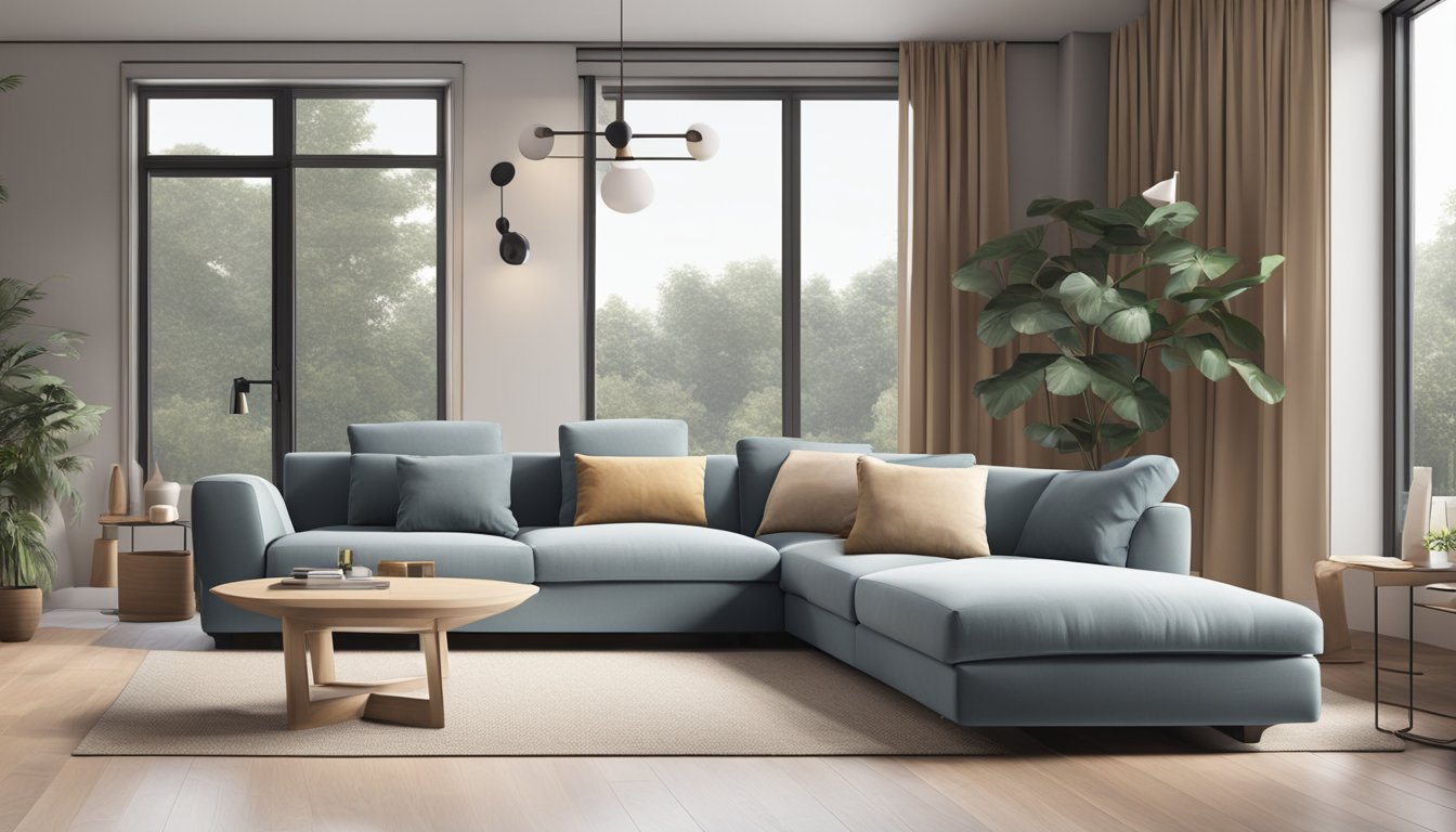 A delivery truck unloads a sleek L-shaped sofa in a modern living room. A person effortlessly assembles the pieces, creating a seamless and stylish addition to the space
