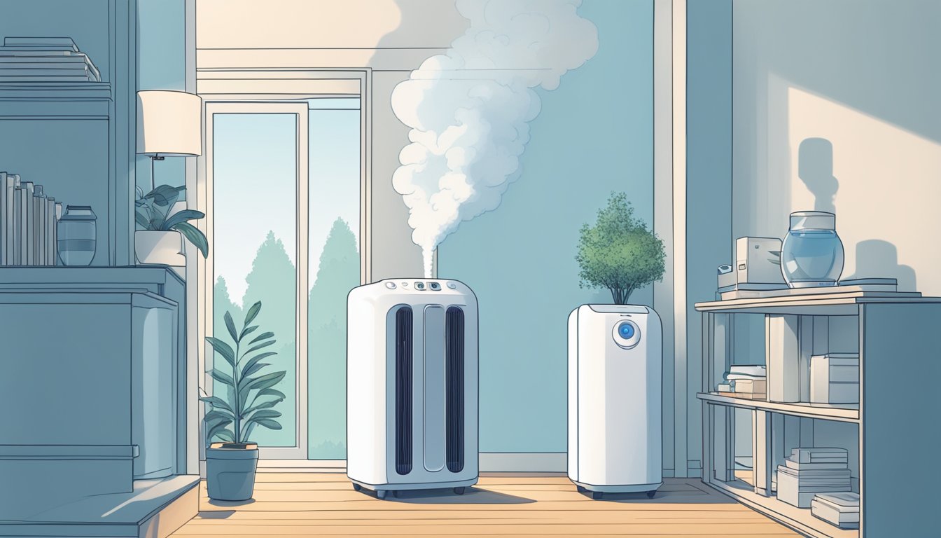 A person stands between an air purifier and a humidifier, contemplating the two options. The air purifier emits a soft blue light, while the humidifier releases a gentle mist into the air