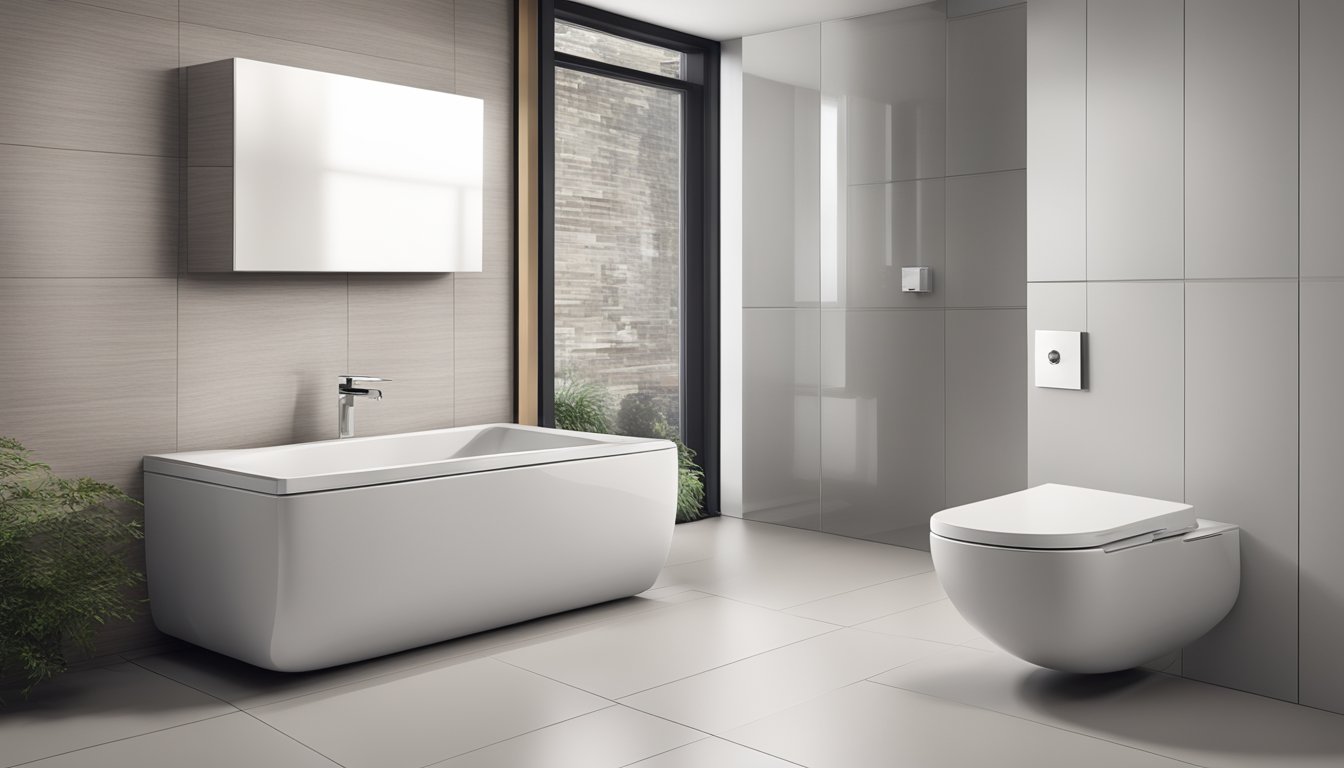 A modern toilet with sleek lines and minimalist design, featuring a wall-mounted tank and a floating bowl. Chrome fixtures and a seamless, clean aesthetic