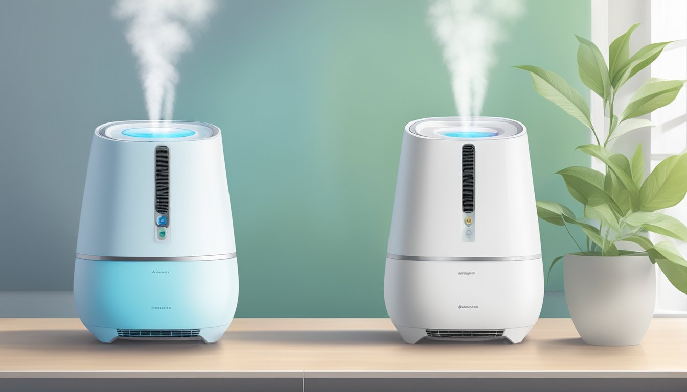 A humidifier and air purifier sit side by side, releasing clean and moistened air into the room