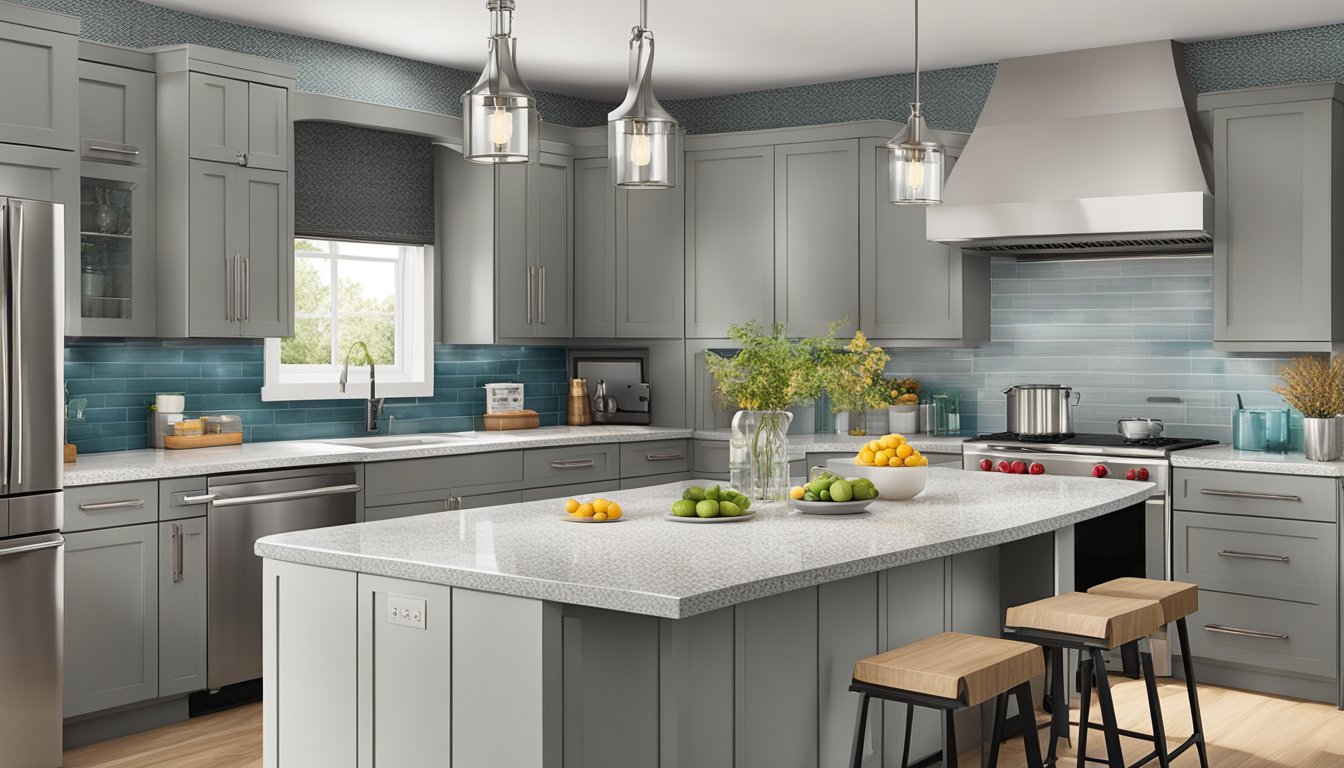 The kitchen is modern with sleek cabinets, granite countertops, and stainless steel appliances. The color scheme is neutral with pops of vibrant accents