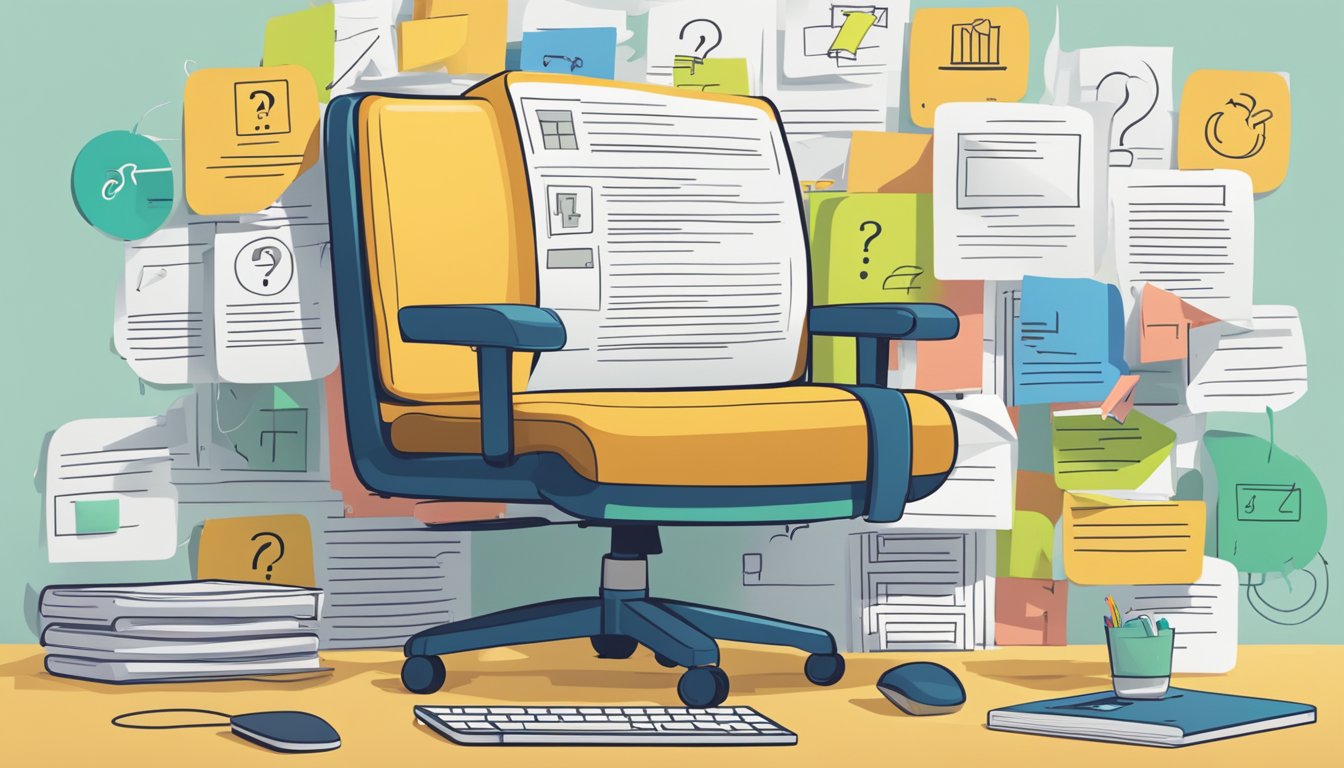 A computer chair surrounded by question marks and a list of frequently asked questions