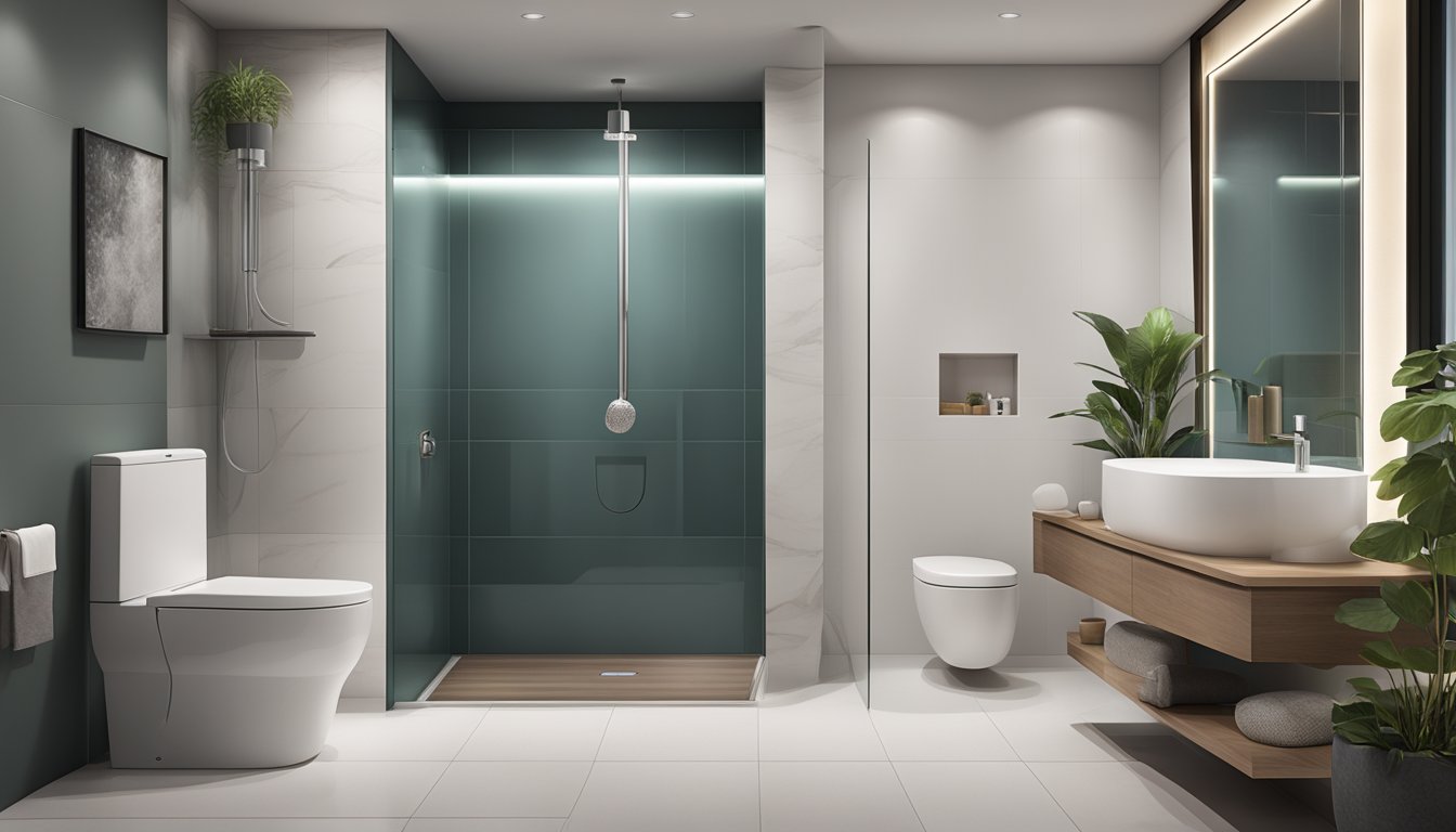 A modern BTO toilet with sleek fixtures, a spacious shower area, and a minimalist color scheme