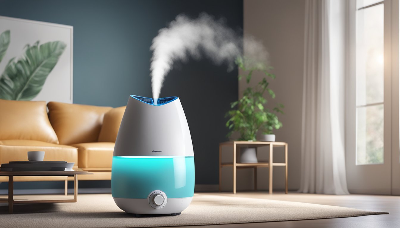 A humidifier air purifier releases clean, moist air into a room. Water droplets are visible as it operates, creating a comfortable and healthy environment