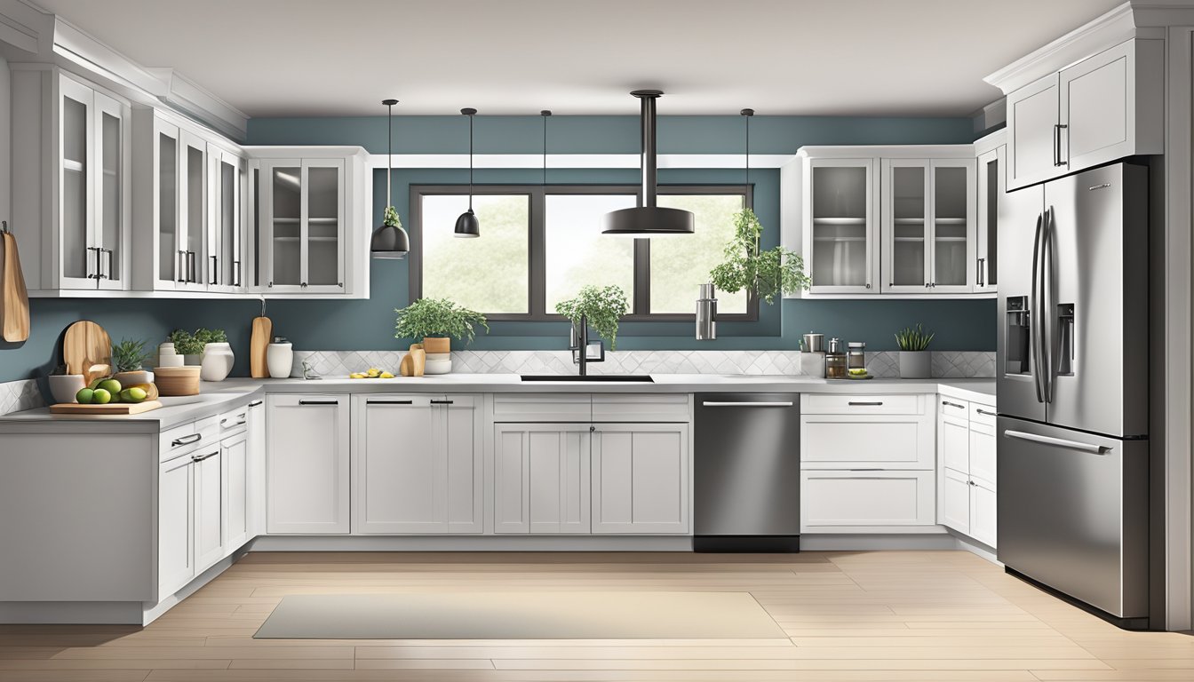 A modern kitchen with sleek cabinets, integrated appliances, and ample counter space. Bright lighting and a minimalist color palette create a clean and functional design