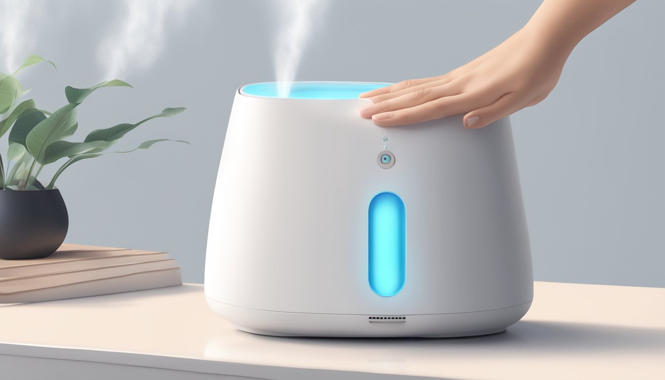 A hand reaches for a sleek, modern humidifier air purifier on a clean, white tabletop. The device features intuitive controls and a soft, ambient light