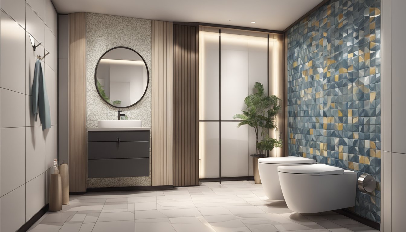 A modern toilet with personalized design, featuring stylish tiles, a sleek sink, and a unique mirror. The space is bright and inviting, with a cozy atmosphere