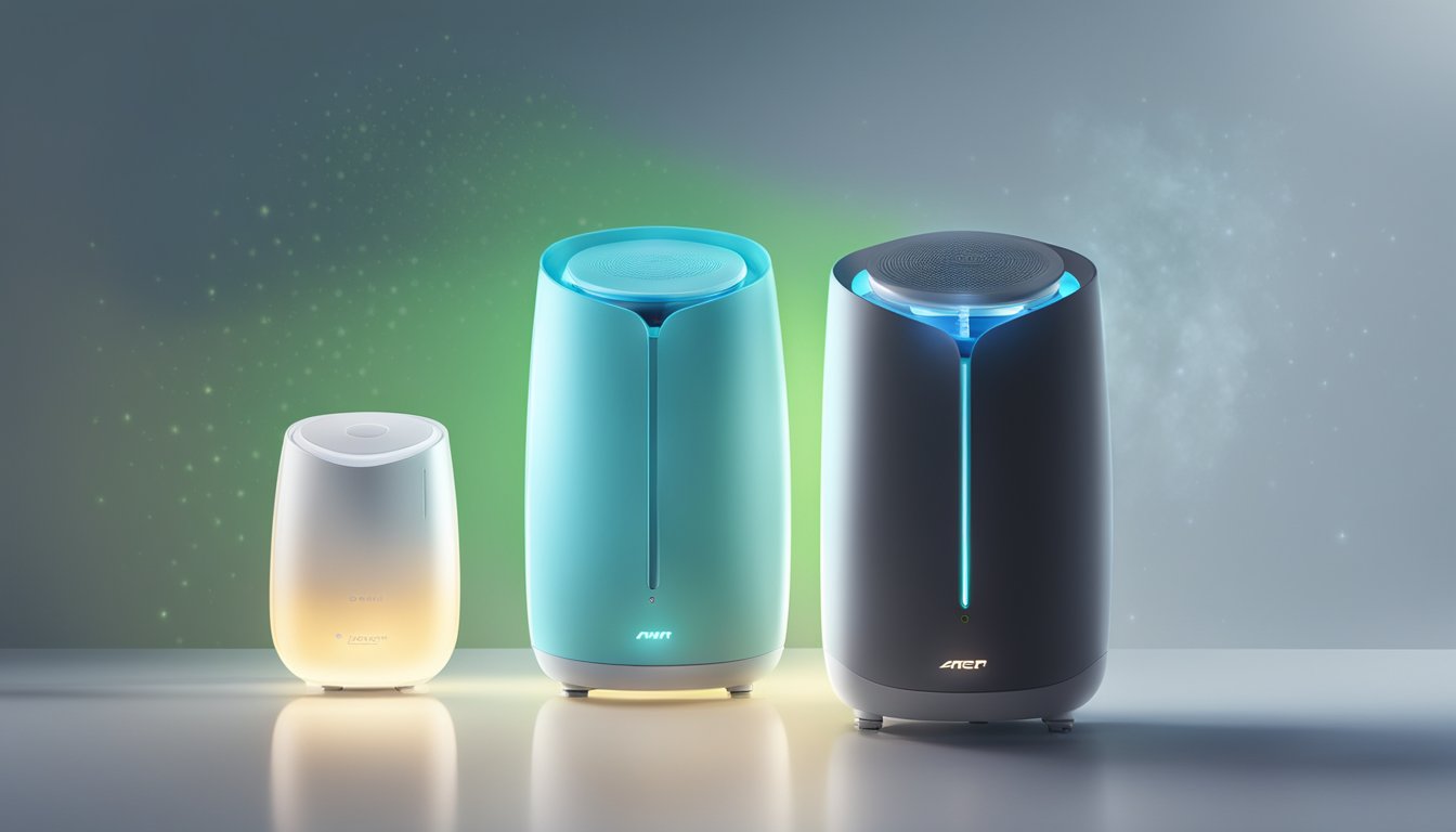 A humidifier and air purifier stand side by side, with a soft glow emanating from their sleek, modern designs. A mist of water vapor drifts from the humidifier, while the air purifier quietly hums in the background