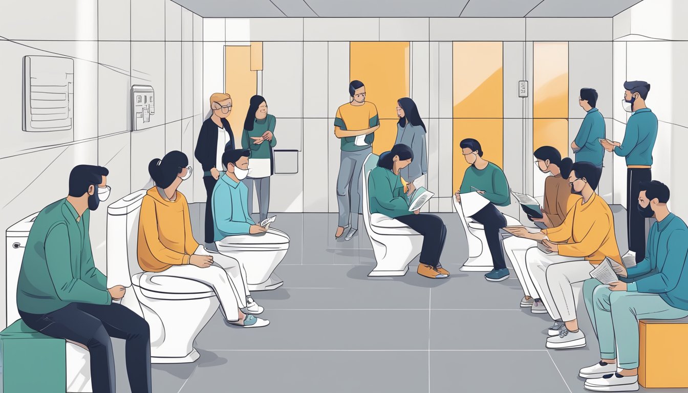 A modern toilet with clean lines and innovative features, surrounded by people reading a FAQ brochure