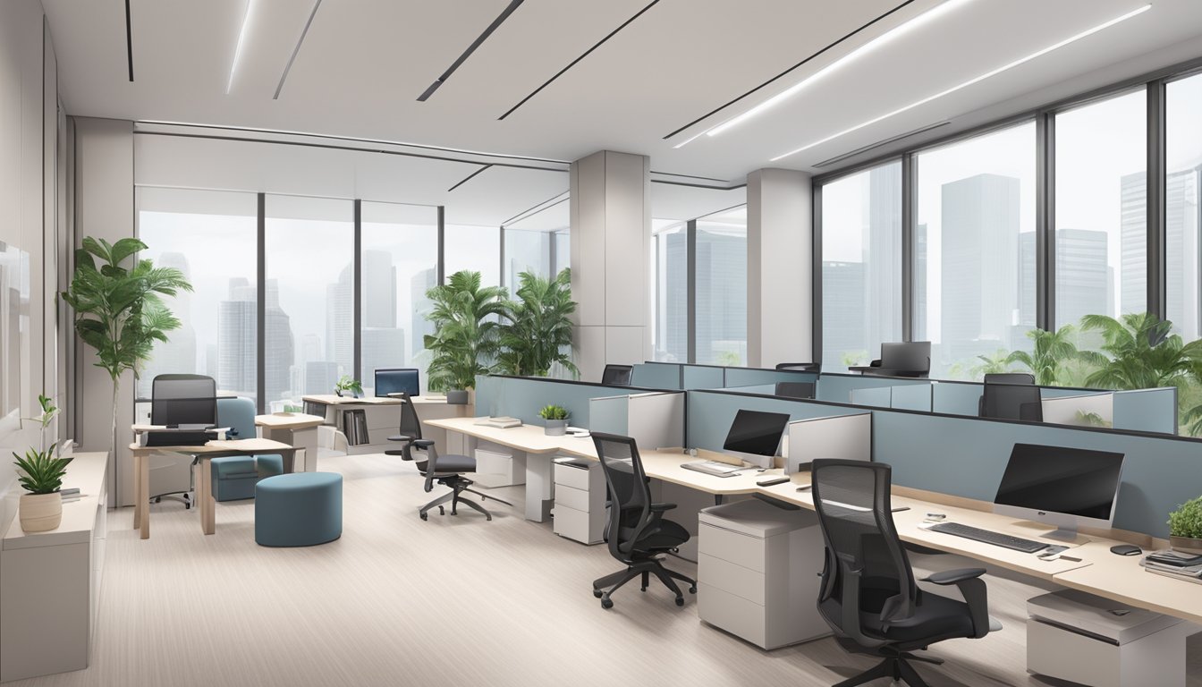 A modern office with sleek, ergonomic furniture in Singapore. Clean lines, neutral colors, and efficient use of space