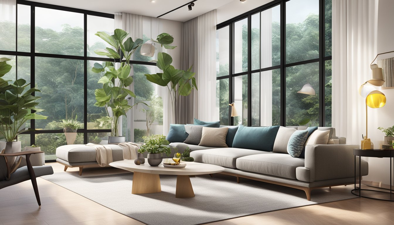 A modern living room with sleek furniture and stylish home decor from Houze Singapore. Bright natural light streams in through large windows, illuminating the space