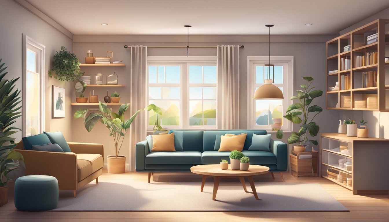 A modern living room with shelves of home and living products, including decorative items, kitchenware, and furniture. A cozy atmosphere with soft lighting and comfortable seating