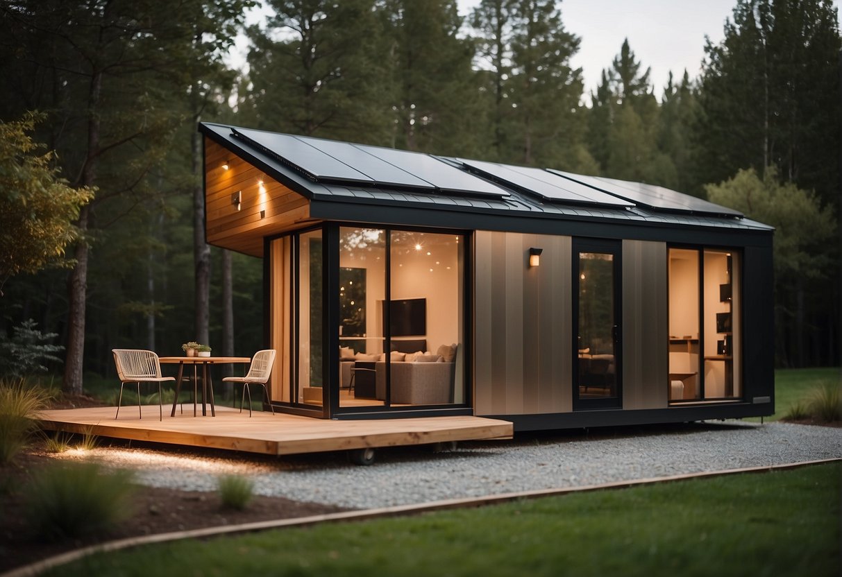 A cozy Tesla tiny house sits in a serene natural setting, with solar panels on the roof and a sleek, modern design