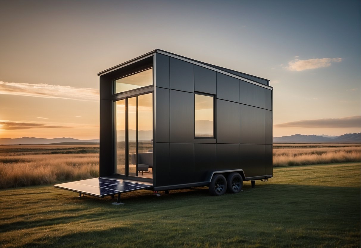 A sleek, compact Tesla tiny house sits on a grassy field, showcasing its solar panels and modern design features