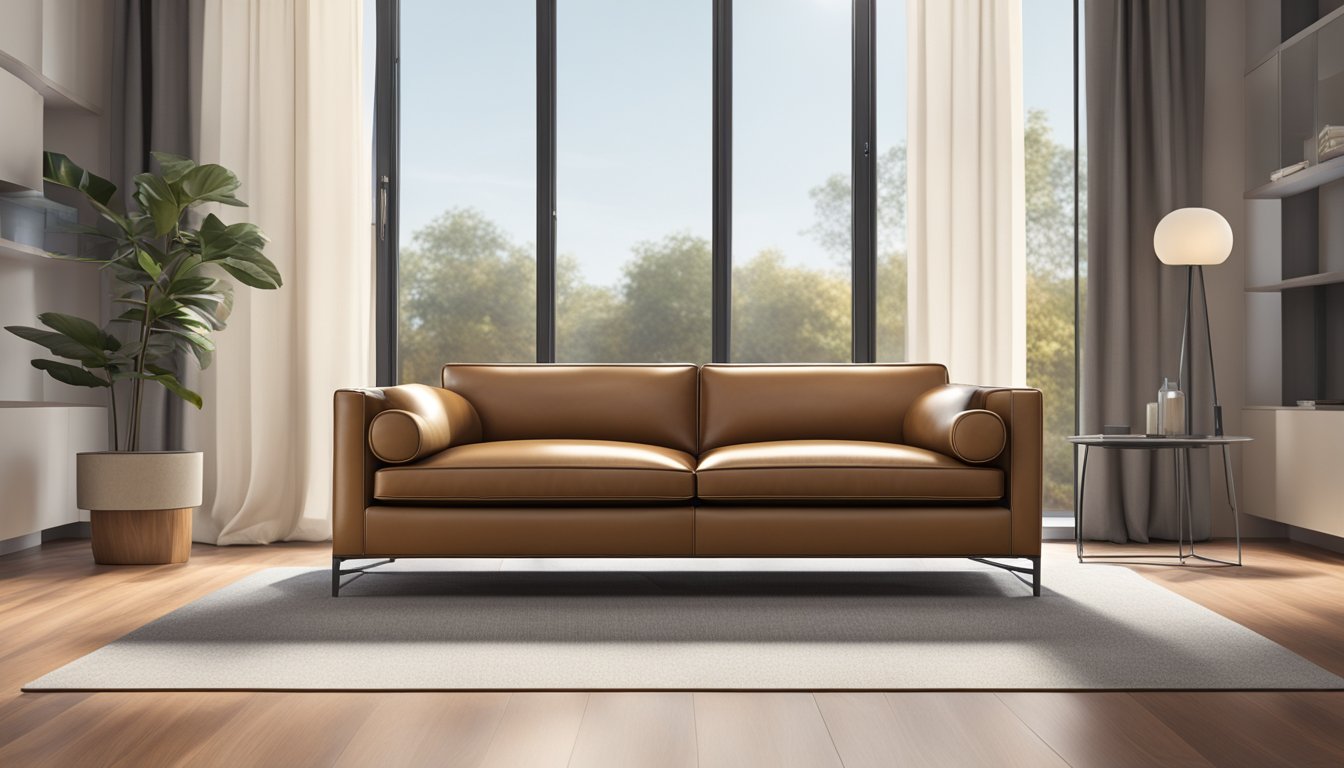 A 2-seater leather sofa in a modern living room, with sleek design and clean lines, situated against a backdrop of a large window with natural light streaming in