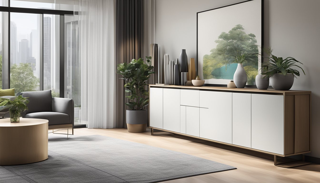 A sleek sideboard cabinet in a modern Singaporean home, with clean lines and minimalist design, showcasing the city's contemporary style