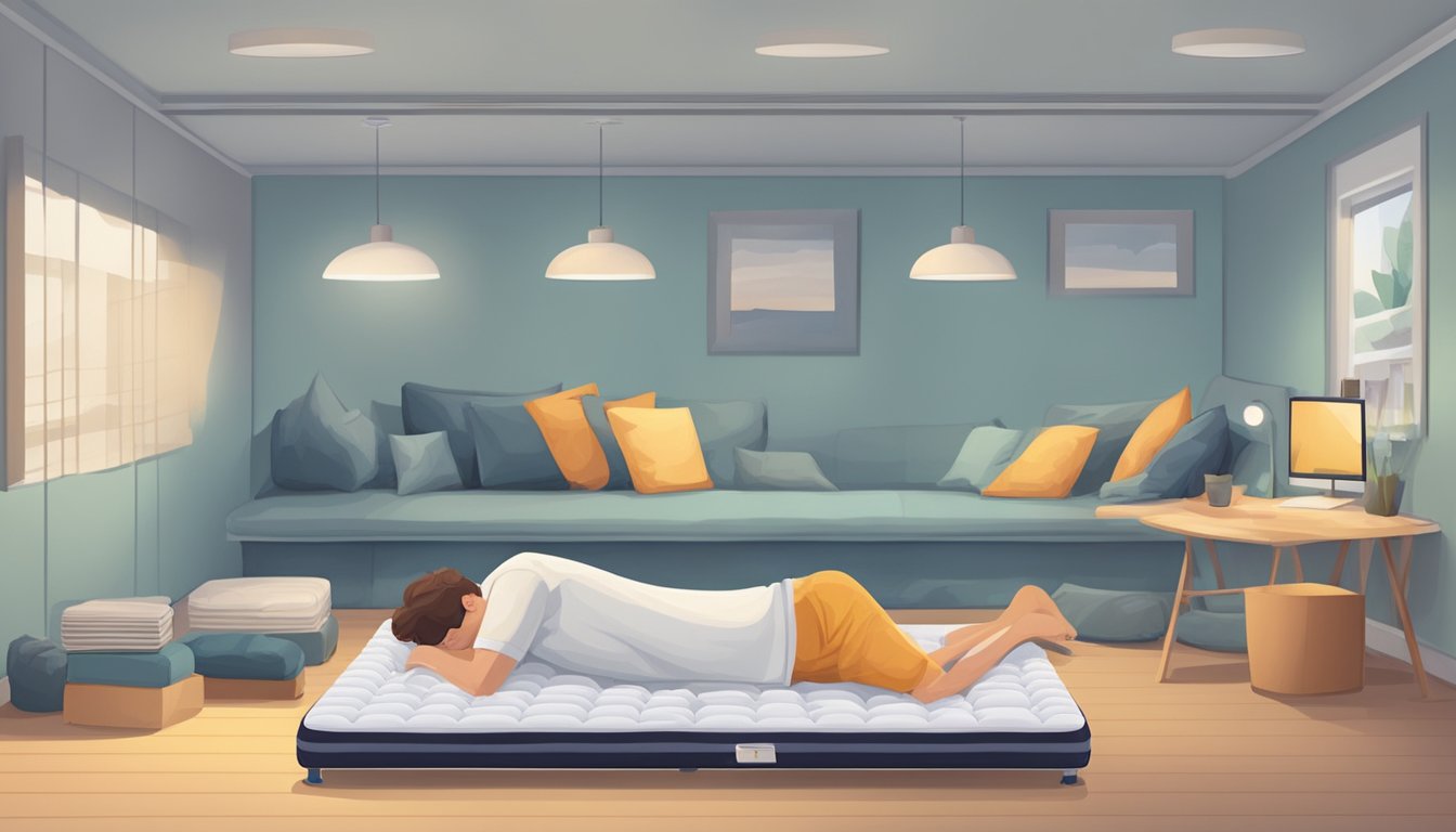 A person lies on a single mattress, surrounded by various options. They carefully compare the features and comfort of each mattress before making a decision