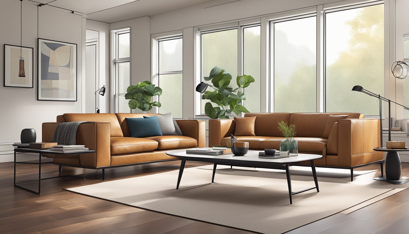 A sleek 2-seater leather sofa sits in a well-lit living room, with clean lines and a modern design