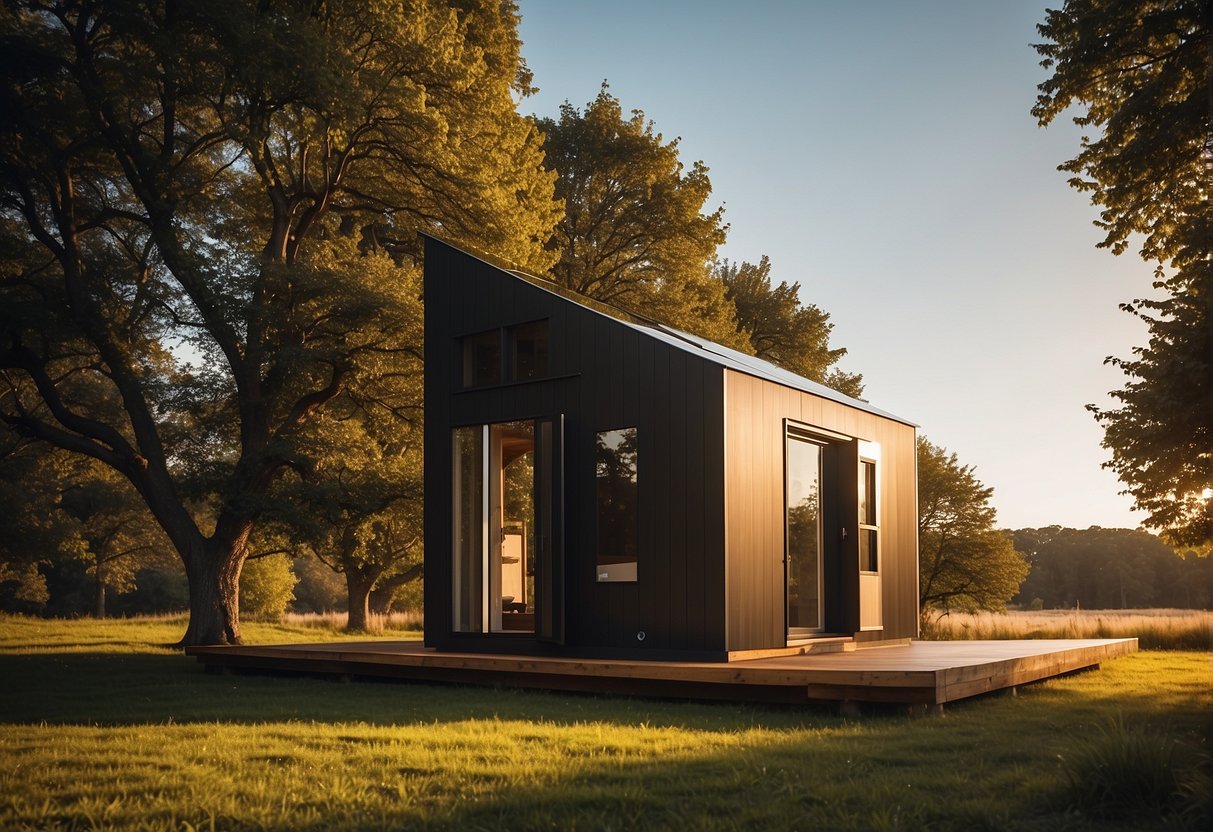 A Tesla tiny house sits on a grassy field, surrounded by trees and bathed in warm sunlight. Its sleek design and solar panels are prominently displayed, showcasing its eco-friendly features