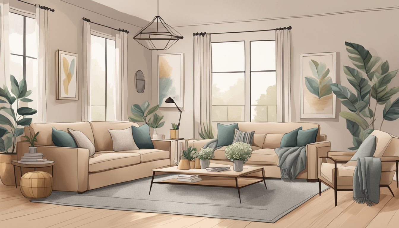 A fabric sofa sits in a cozy living room, adorned with plush cushions and a throw blanket. The soft, neutral tones create a warm and inviting atmosphere